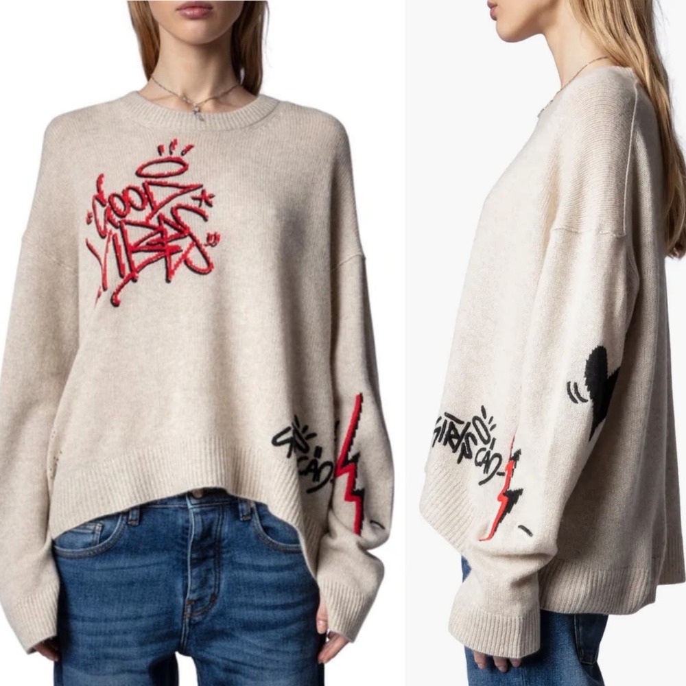 ZADIG & VOLITAIRE Sweater Small Marcus Jormi Cashmere Crewneck Good Vibes Size S